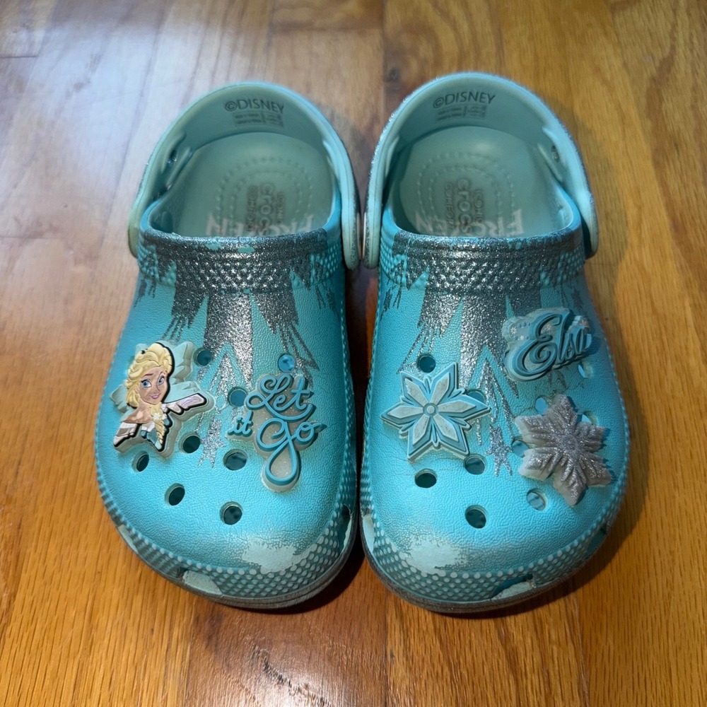 Disney Crocs Frozen Elsa Glitter Clogs Ice Blue Girls Size C9 Jibbitz Charms